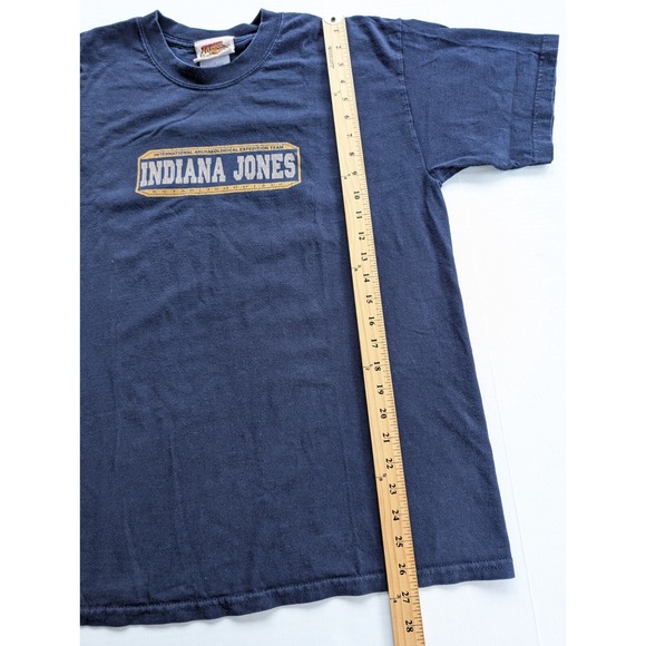 Vintage Indiana Jones Adventure Wear Shirt Mens Large Blue Double Sided - Picture 5 of 7